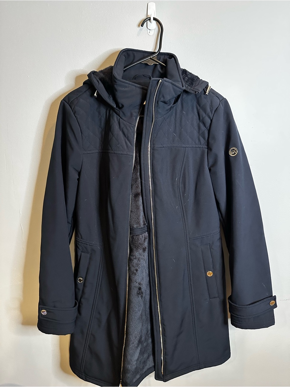 Michael Kors Navy Hooded Quilted-Shoulder Coat